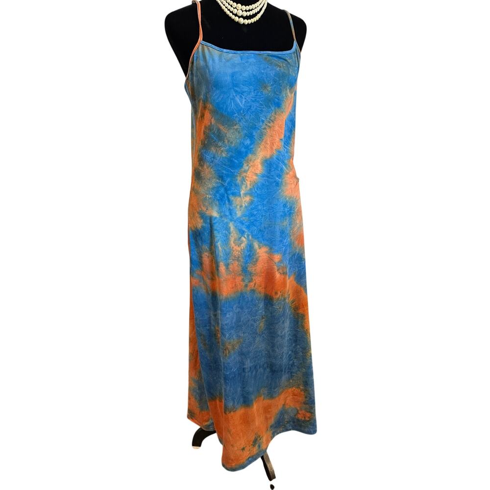 Suzzi Tie Dye Maxi Dress Large Blue Orange Boho Adjustable Strap Rayon Spandex